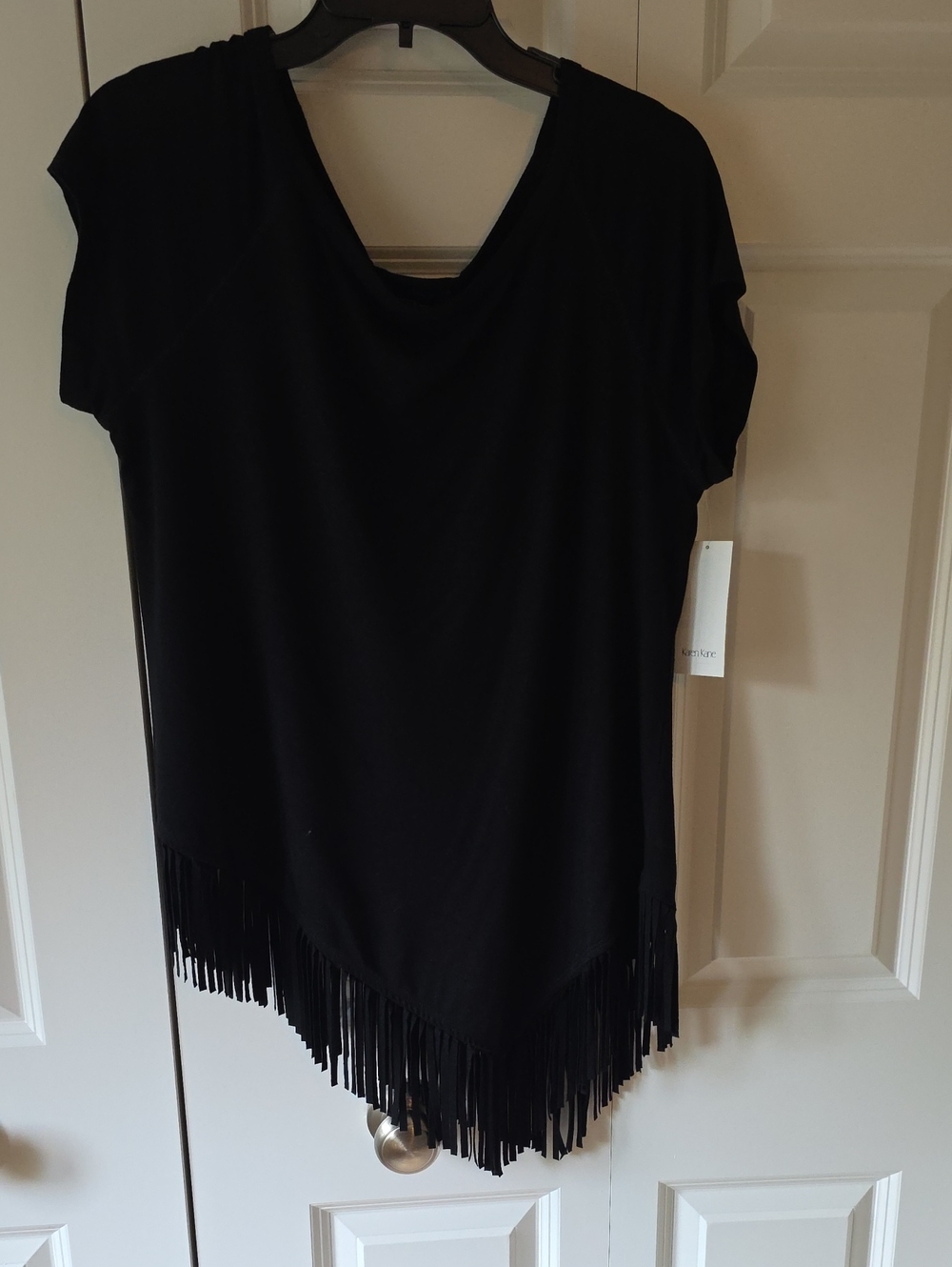 NWT Karen Kane Black Crewneck Short Sleeve Fringed Top